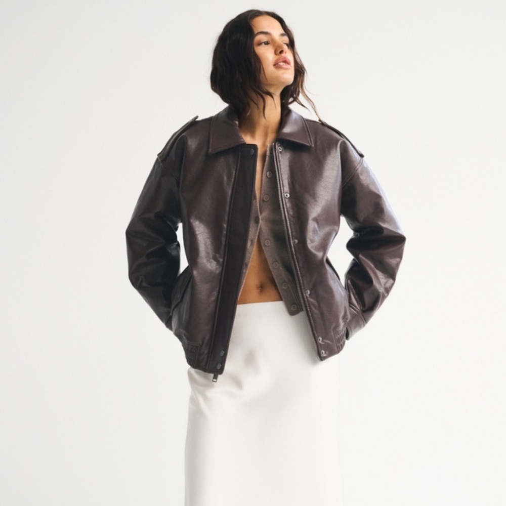 ABERCROMBIE OVERSIZED VEGAN LEATHER BROWN JACKET SZ XS